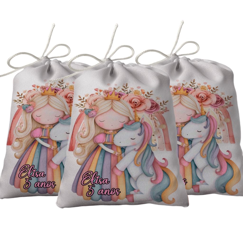Sacolinha Lembrancinha Festa Aniversário Surpresa Tecido Personalizado Princesa e o Unicórnio 2