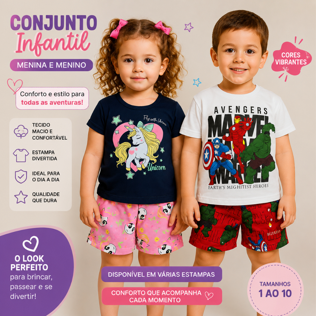 Conjunto Infantil 2 peças Short Camiseta Verão Menina Menino Sortido
