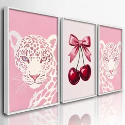 Kit Quadros Decorativos Onça Rosa Cereja Aesthetic Trio Decorativo Feminino 122x60cm Quarto Sala