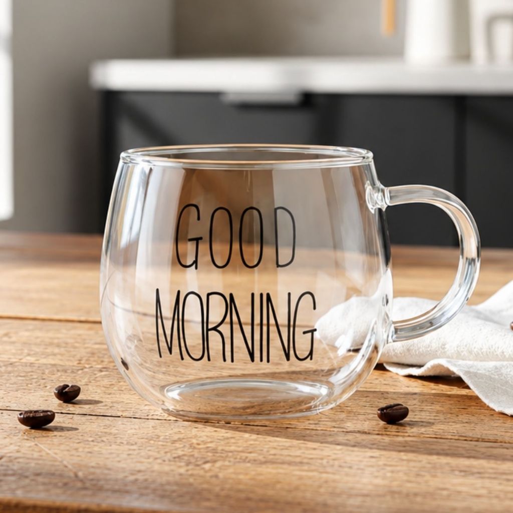 Caneca de Vidro Good Morning Transparente 380ml Duhome Elegante Resistente para Café Chá Cappuccino Leite Suco Cozinha M