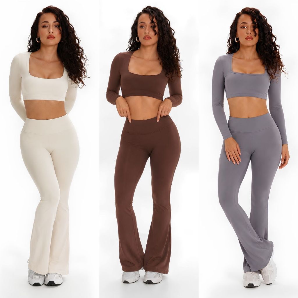Conjunto de Academia Feminino Zero Transparência Poliamida Flare legging Manga Longa Empina Bumbum Alta Compressão