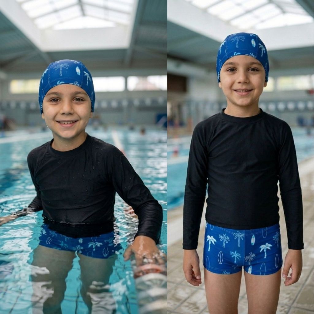 Kit Natação Infantil 4 ao 10 Sunga e Touca De Tecido Para Piscina Menino