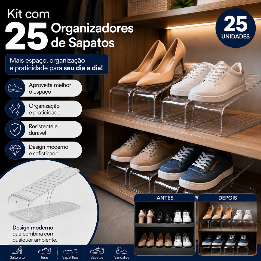 Kit Organizadores Durável Acrílico Transparente Porta Sapato Tênis Armário Closet Relcom