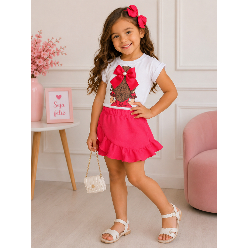 Conjunto Infantil Menina Blusa com Laço 3D + Saia Short Rosa | Roupa Infantil Feminina Casual