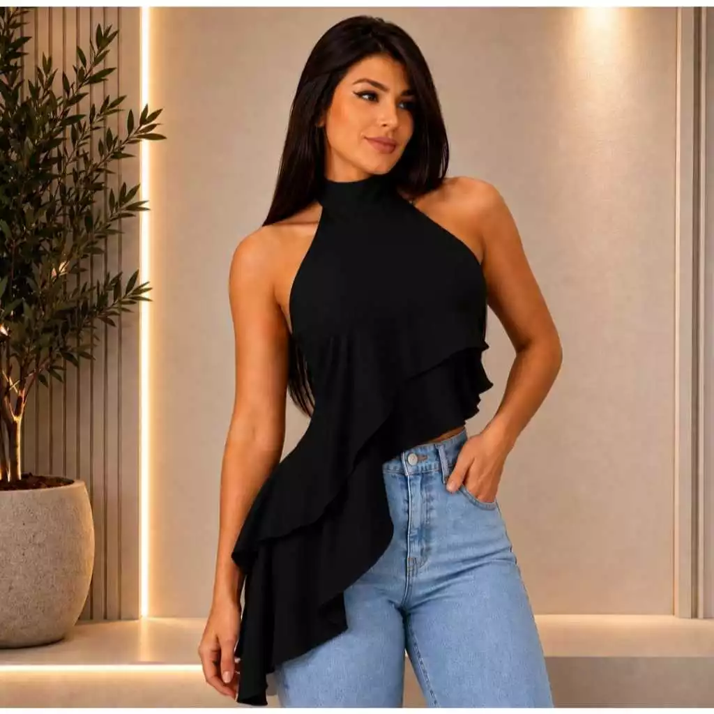 Blusa  Regata Feminina Assimetrica Gola Alta Estilosa Elegante Tecido Duna — imagem 1