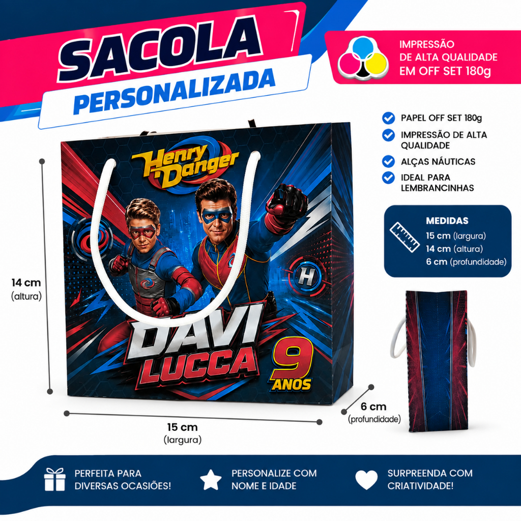 Sacola Personalizada Festa Infantil (10 unid) 15x14x6cm com Alça Náutica | Lembrancinha Aniversário Qualquer Tema