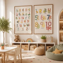 2 Quadros Decorativo Infantil Educação Lúdica: Letras e Números para Pequenos Exploradores