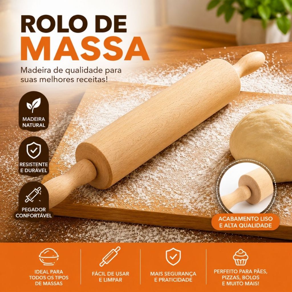 Rolo De Madeira Para Massas 42cm Pães Prático Pizzas Macarrão Resistente Rolo Giratório Multiuso Duhome