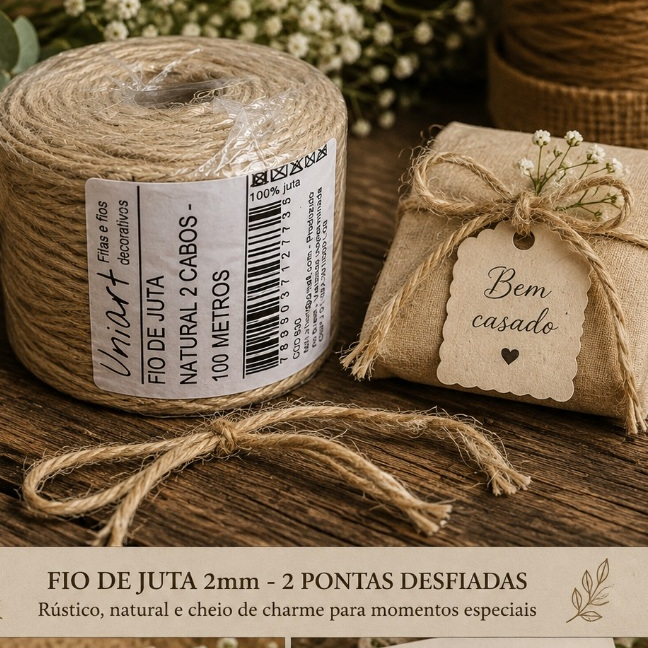Fio de Juta Natural 2mm 2 Cabos – 2 Pontas Desfiadas – Ideal para Bem Casado, Doces, Convites e Artesanato