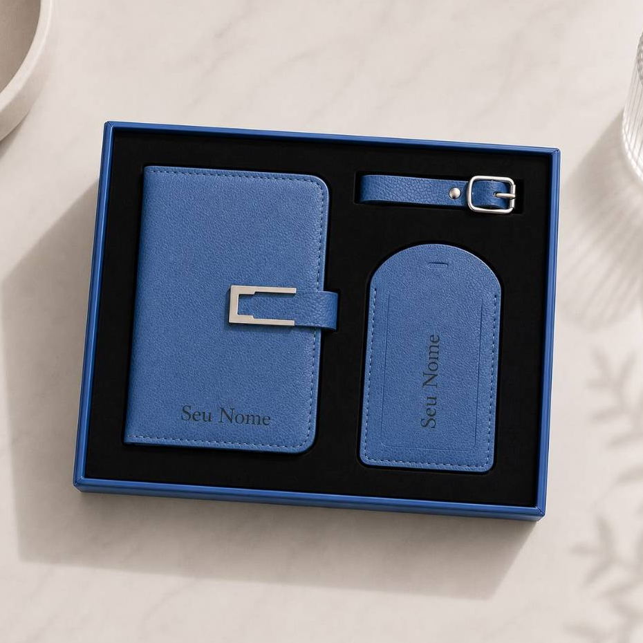 Imagem Kit Viagem Personalizado Nome 2 Peças Porta Passaporte e Tag Mala Carteira, Documentos, Cartão em Couro