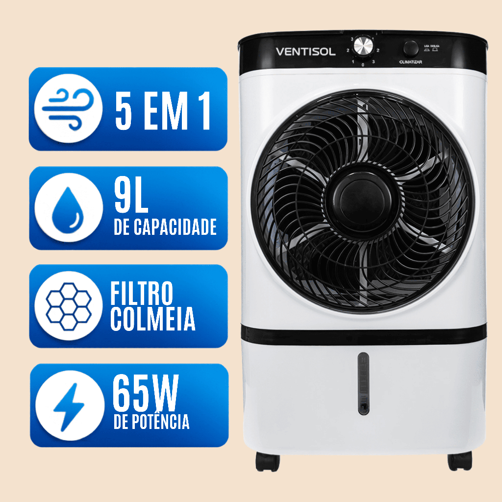 Climatizador Ventisol 9 Litros Evaporativo Portátil 5 em 1 Ideal Para Residência Escritórios