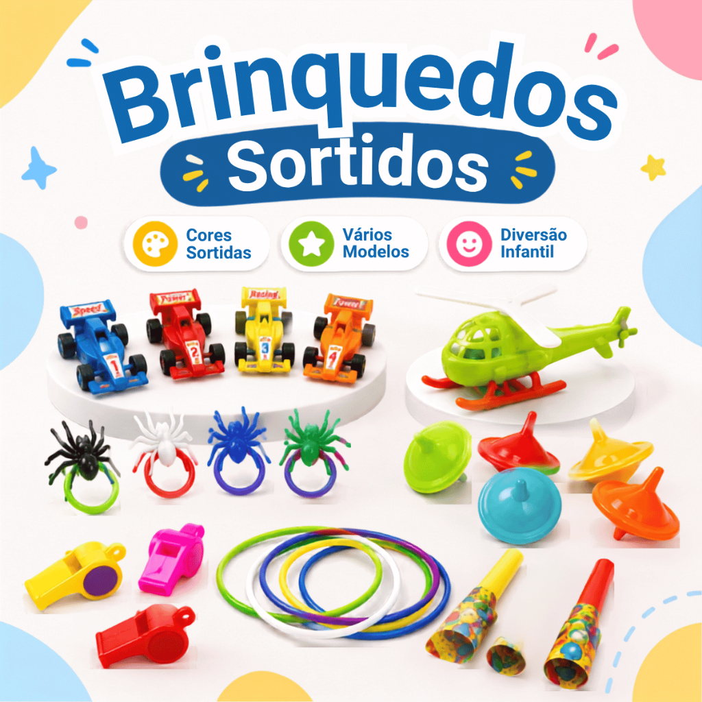 Kit 80 Mini Brinquedos Infantis Lembrancinhas para Festa de Aniversário Sacolinha Surpresa Prendas Brindes Coloridos