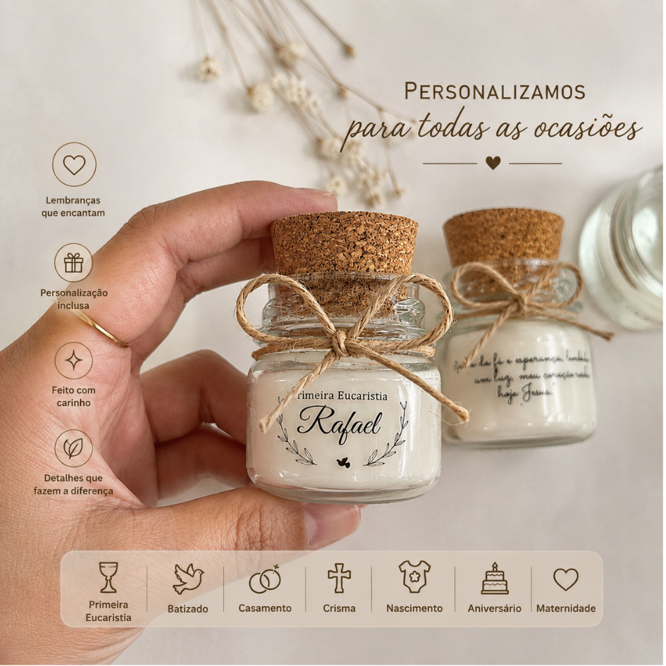 Kit 10 Velas Aromáticas Personalizadas com Laço | Lembrancinha Casamento, Batizado, Maternidade, Aniversário