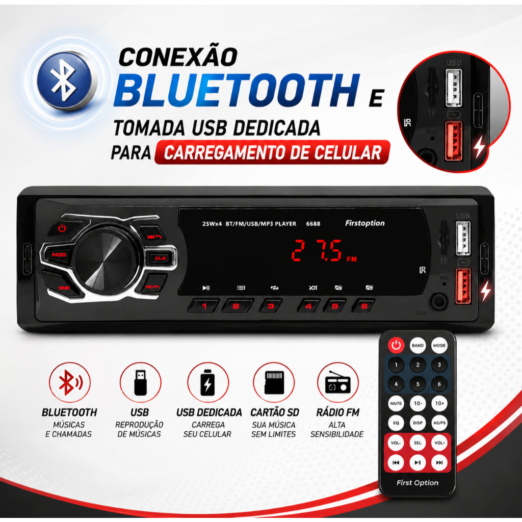 RÁDIO MP3 FIRST OPTION 6688 BLUETOOTH DUAL USB CARREGA CELULAR SD CARD RÁDIO FM