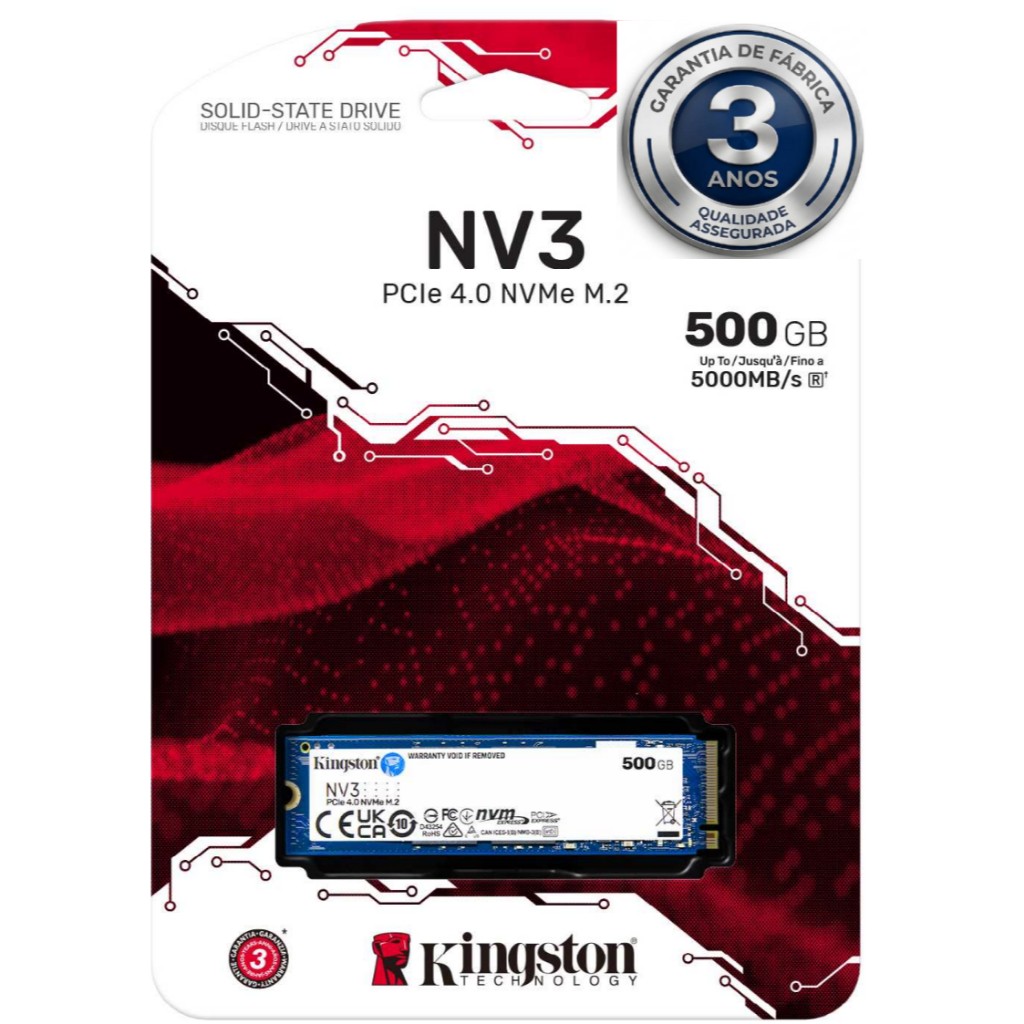Ssd 500GB Kingston NV3, M.2 NVMe PCIe 4.0 x4, Leitura 5.000MB/s, Gravação 3.000M