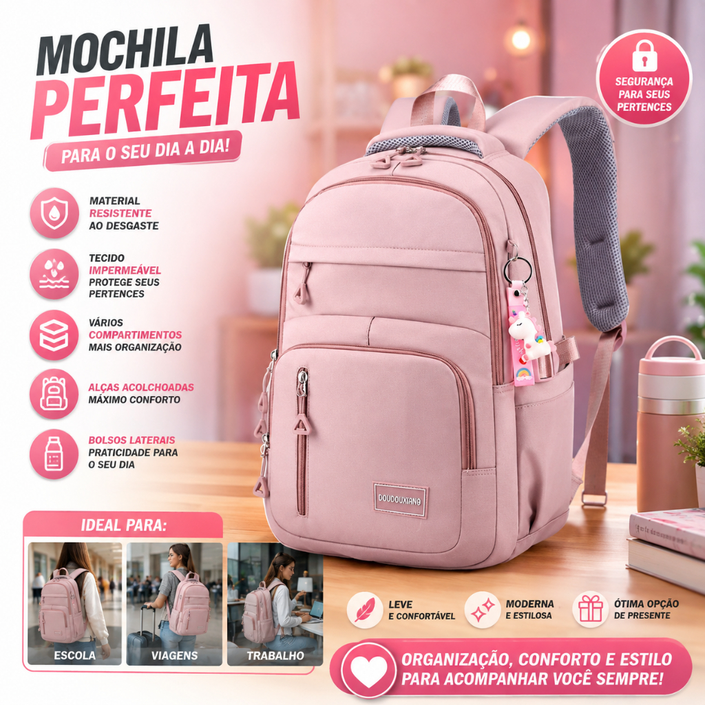 Mochila Feminina Impermeável Grande Escolar Faculdade Trabalho Viagem Reforçada Fashion Premium