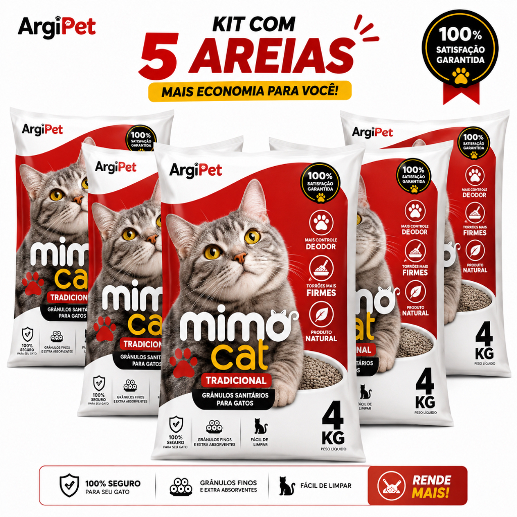 Kit 5 Areia Sanitária Higiênica Argila Natural para Gatos Tradicional 20 kg Mimo Cat