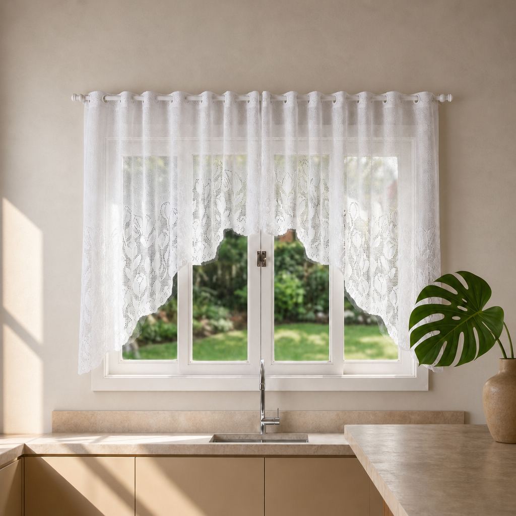 Cortina de Renda Cascata Tulipa Floral Assimétrica 3,00m x 1,00m para Cozinha Moderna Luxuosa Elegante