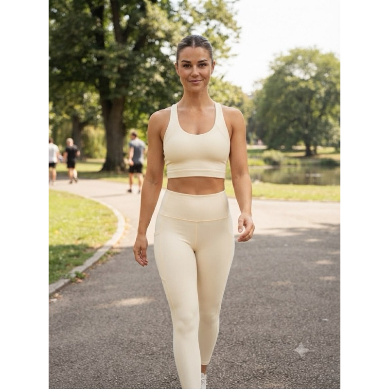 Conjunto Fitness Feminino Microcanelado de Compressão Top  Legging Academia Treino Cintura Alta Branco Off White Tam P