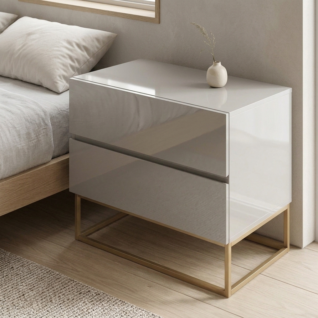 Mesa Cabeceira Eros 60CM 2 Gavetas estilo Industrial Pés Dourado Para Quarto