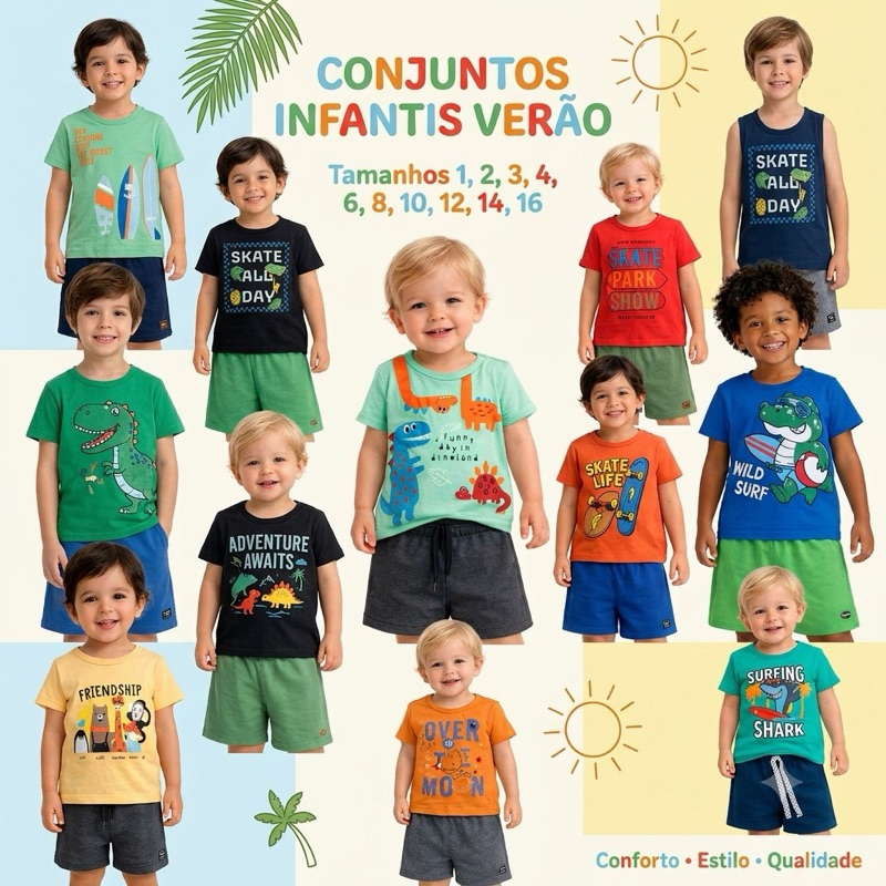 KIT CONJUNTO ROUPA JUVENIL INFANTIL MENINO MASCULINA VERÃO CONJUNTO CAMISA MANGA CURTA + BERMUDA TAM 1-16