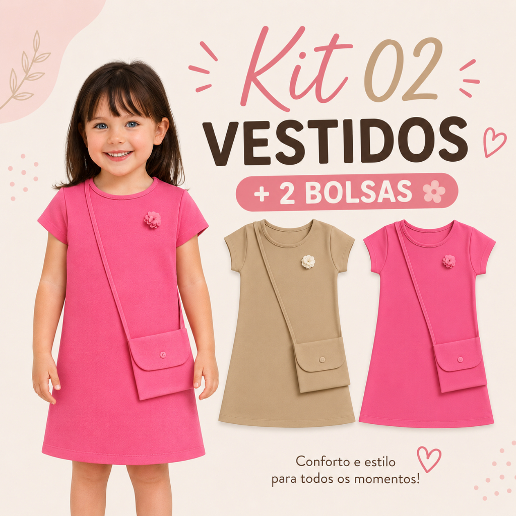 Kit 2 Peça Vestido + Bolsa Verão Infantil Menina Cotton Blogueirinha