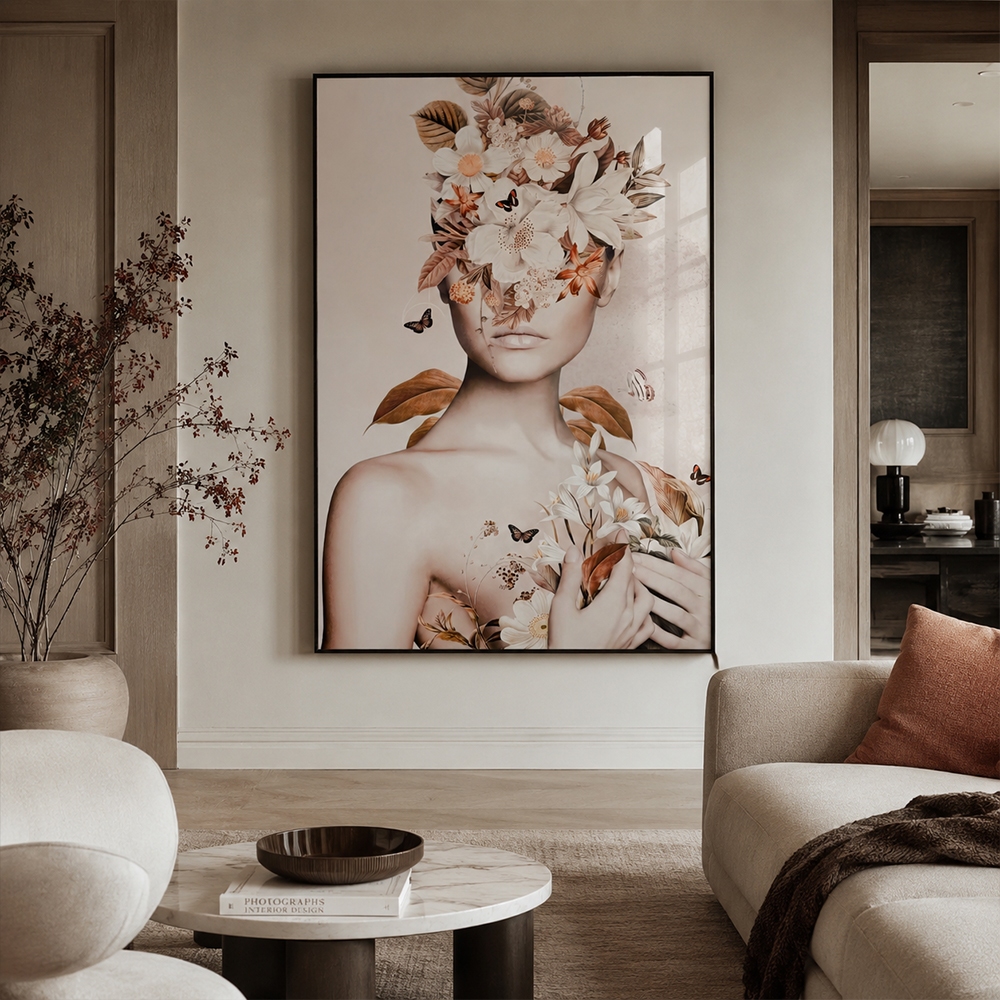 Quadro Decorativo Figura de Mulher com Flores Moldurado Decoração para Sala Quar