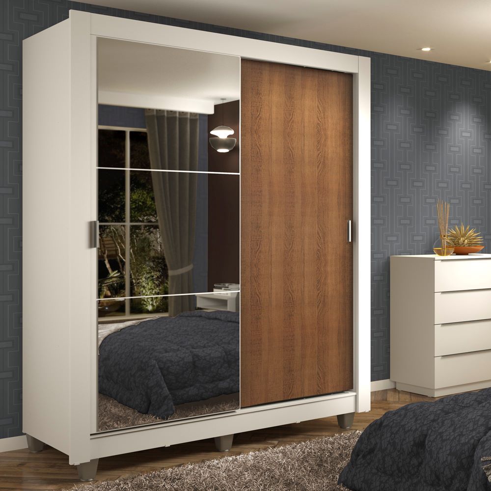 Guarda-Roupa Solteiro Madesa Dallas 2 Portas de Correr com Espelho 2 Gavetas com Pés - Branco/Rustic
