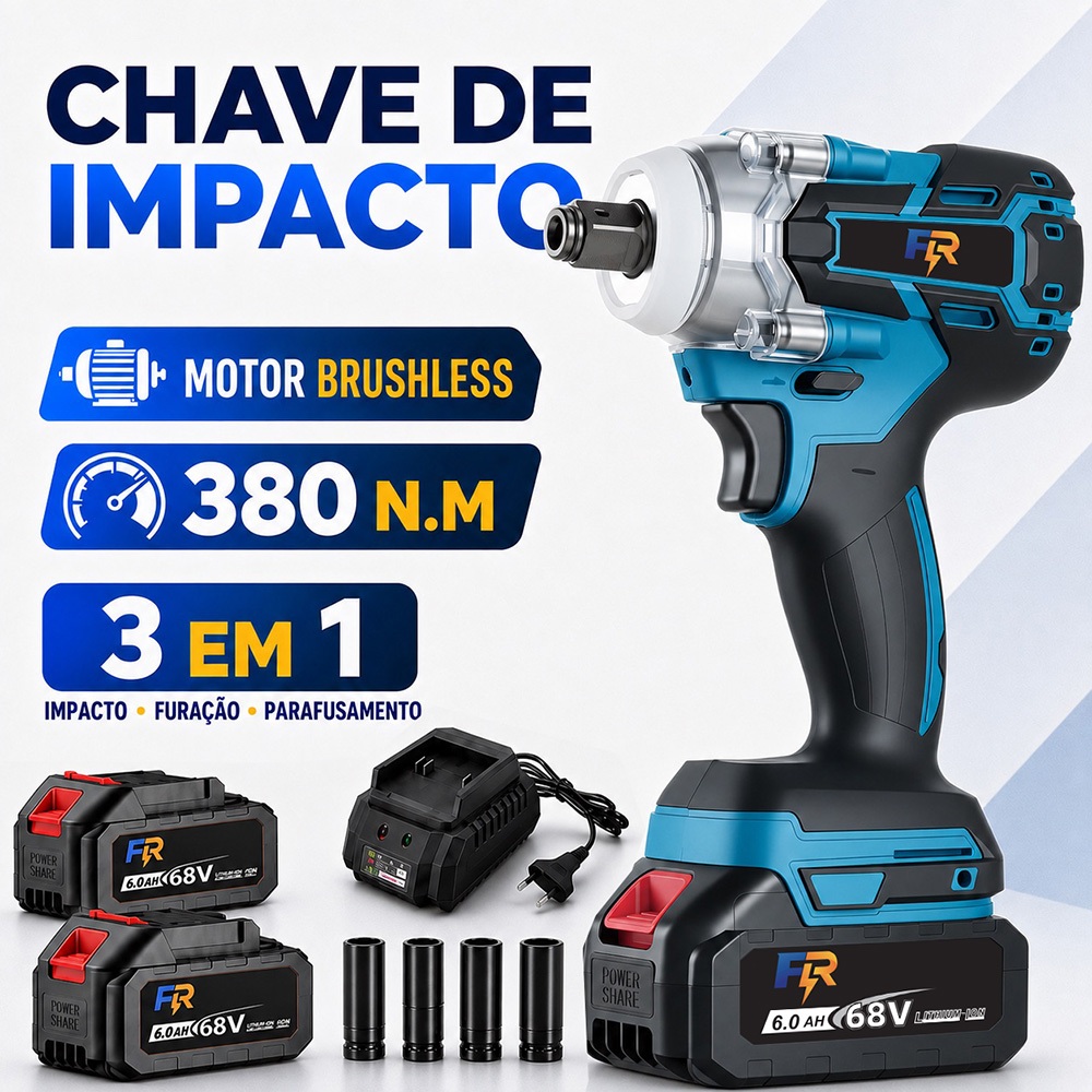 Chave de Impacto a Bateria 68V Brushless 3 EM 1 380Nm com 1 ou 2 Baterias, 4 Soquetes