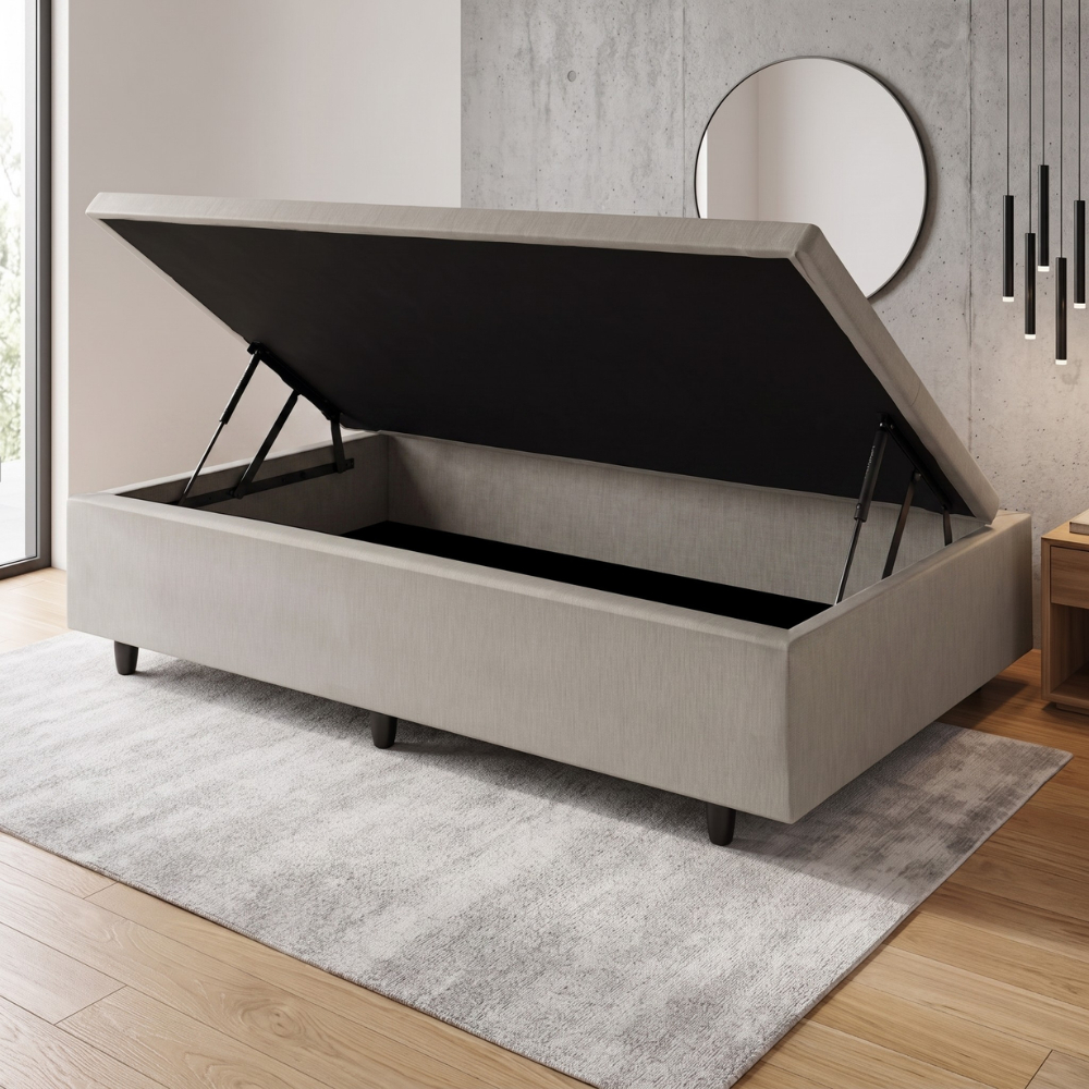 Base Box com Baú Solteiro 88x188x42 cm Courino Linho Areia
