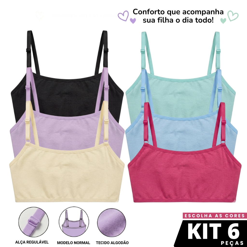 Kit 6 Tops Infantil Juvenil Sem Bojo Confort Malu Sem Bojo Básico 2 a 14 anos