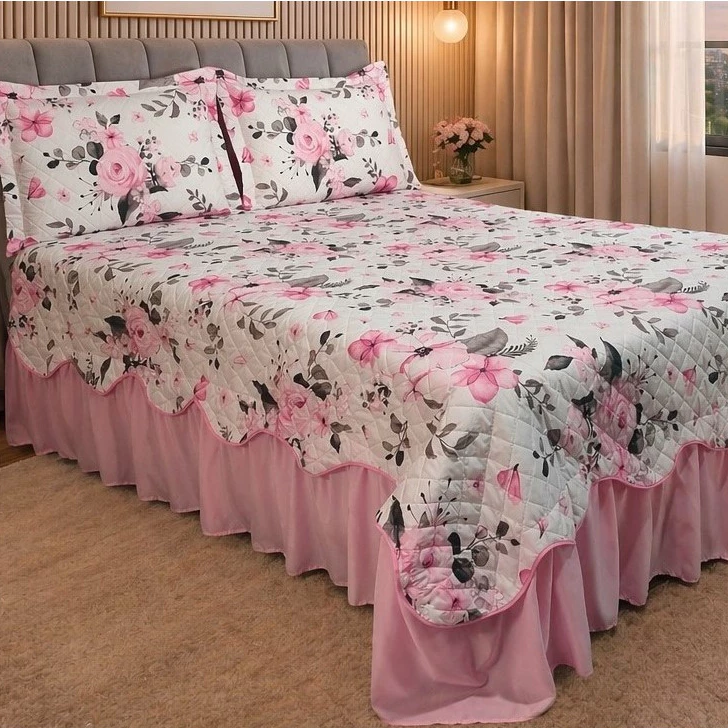 Kit Cobre Leito Colcha Queen Belize 03 Peças com Barra Ondulada e Saia Exclusiva Premium Luxo