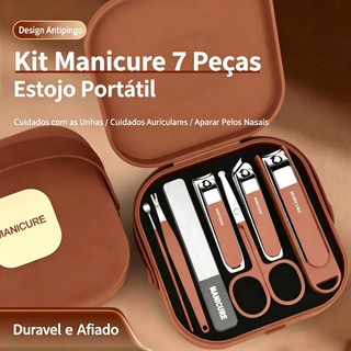 Kit Manicure 7 Peças Estojo Café Portátil, Conjunto Completo para Cuidados com Unhas e Cutículas