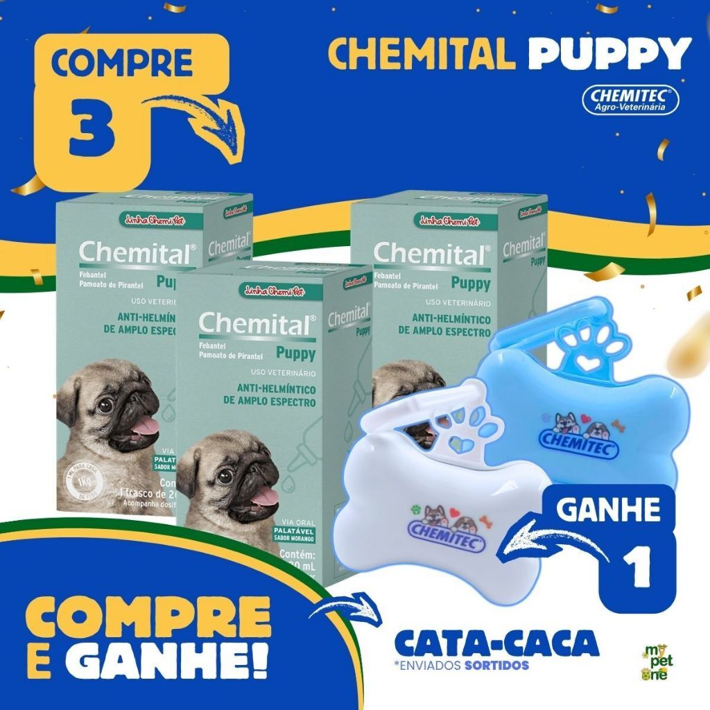 Kit 3 Vermífugo Filhotes Chemitec Chemital Puppy para Cães 20 mL - Brinde Cata Caca Ossinho