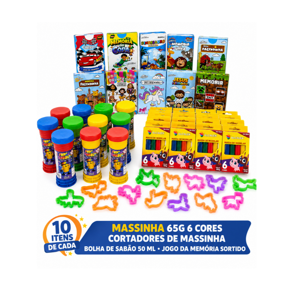 Kit Cxs 10 Massinha De Modelar + 10 Sabão + 10 Jogo Memoria Sortido + 20 Cortado