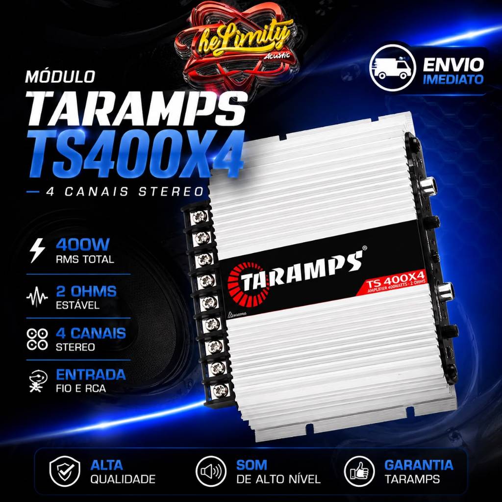 Modulo Taramps Ts400x4 400w 2 Ohms 4 Canais Stereo Som Automotivo Entrada Fio e Rca Ts 400x4 Amplificador 400watts