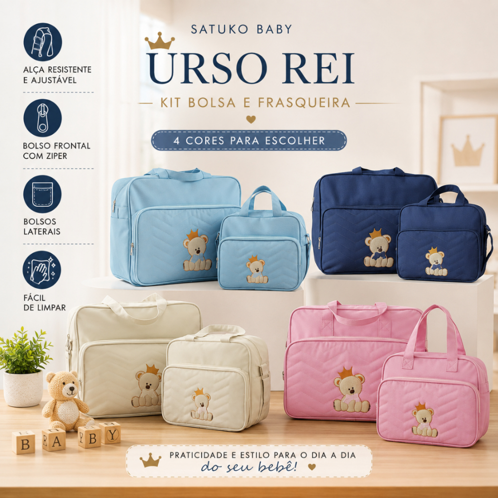 Kit Bolsa e Frasqueira Bordado Saída Maternidade Urso Rei