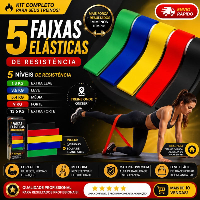 Kit 5 Elásticos de Exercício Resistência Funcional | Mini Band Academia Treino Casa Glúteos Pernas Fitness