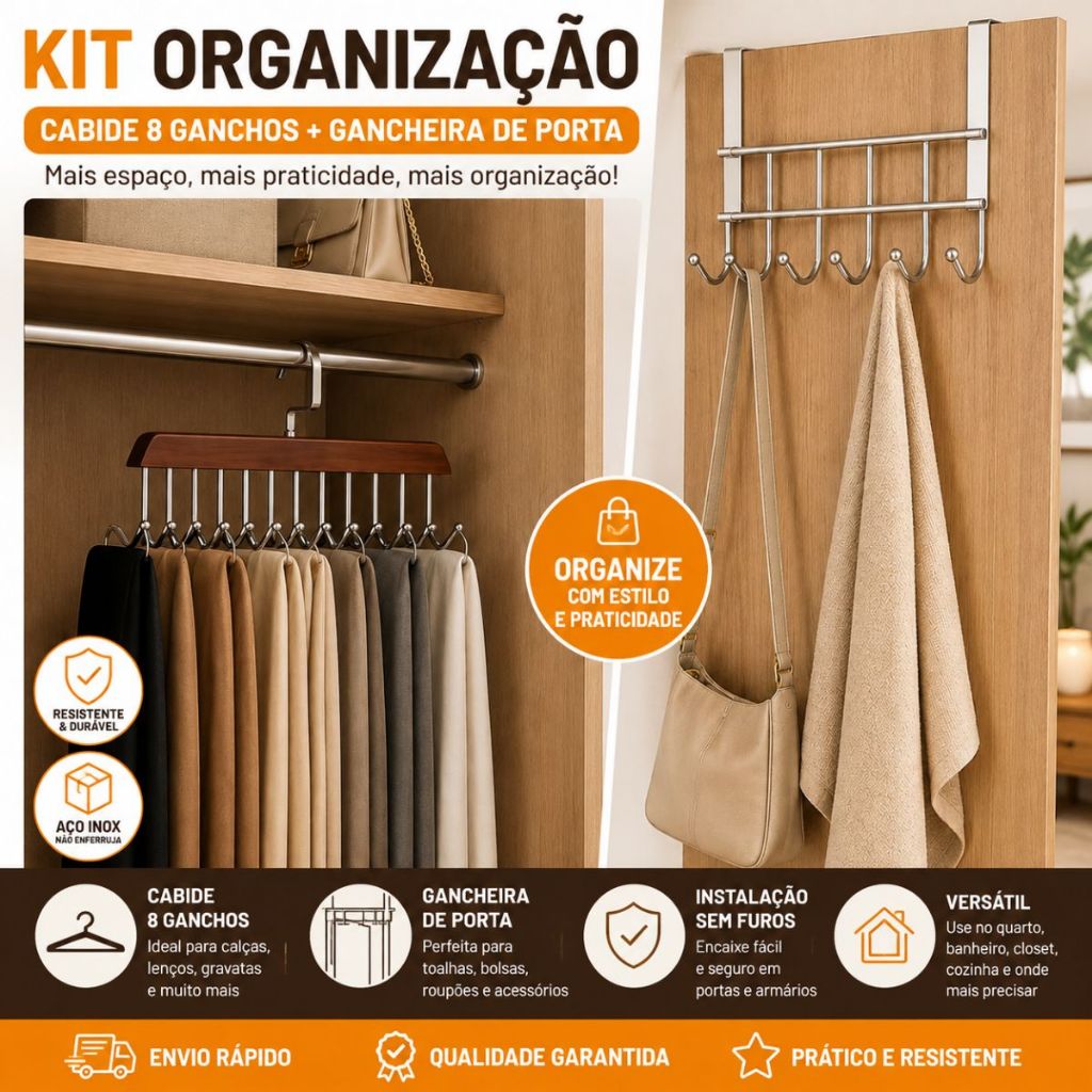 Kit Cabide Organizador 8 Ganchos Para Guarda Roupa + Gancheira De Porta 6 Ganchos Inox Sem Furos Organizador Multiuso