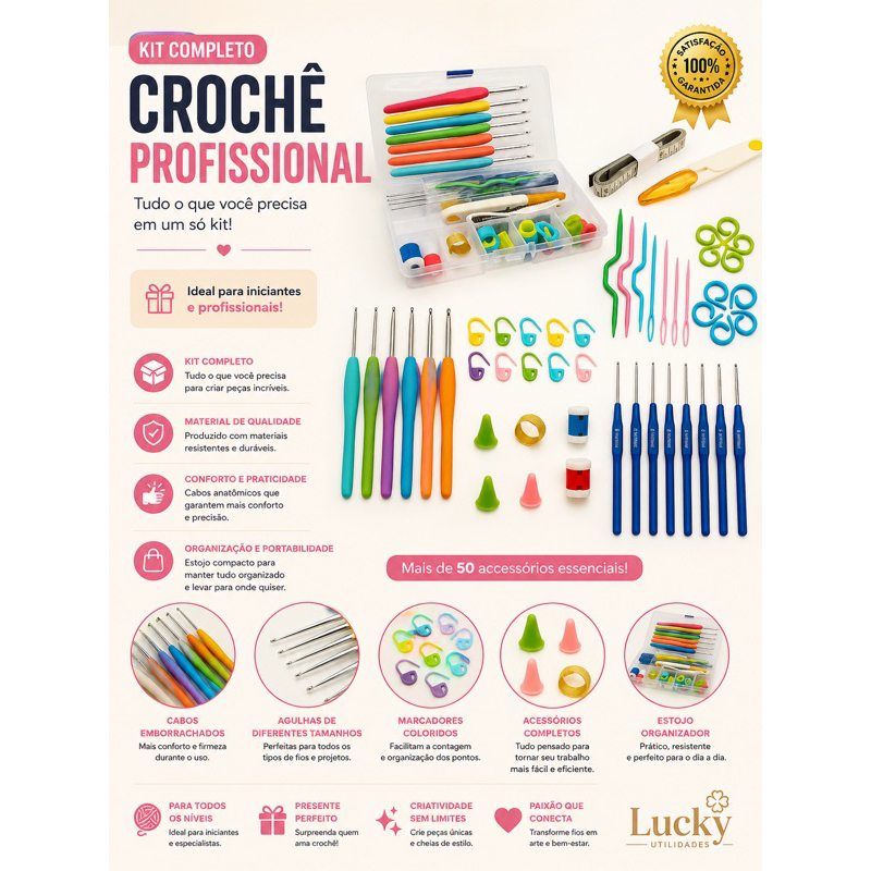 Kit Crochê Completo 53 Peças  Para Fazer Amigurumi Agulhas Cabo Soft Tesoura Acessórios Lar das Fitas