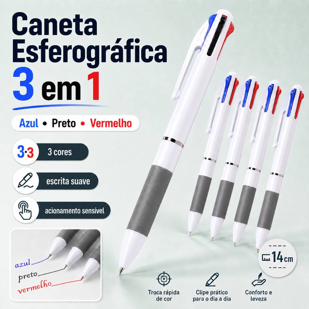 Kit Caneta Esferográfica 10/20/30 Un. 3 em 1 Azul Preta Vermelha Retrátil Escolar Escritório