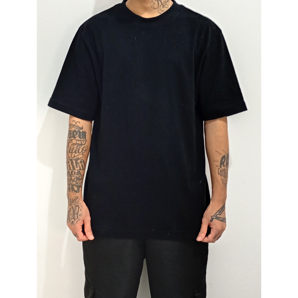 Camiseta Premium Oversized Suedine Preta Masculina Polialgodão Gola Alta Canelada Heavy Streetwear Básica (P ao GG)