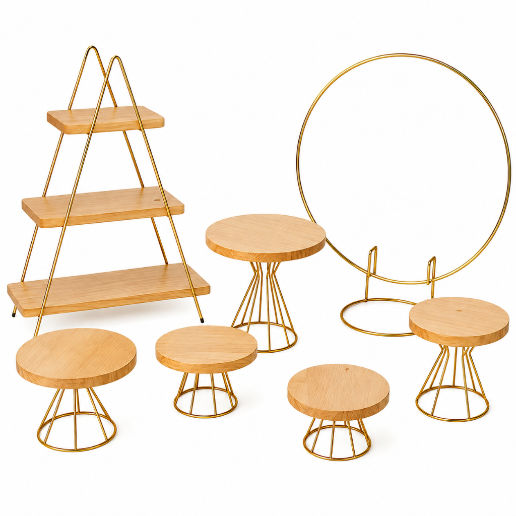 Kit Completo com 5 Boleiras Decorativas Mini Arco Doceira Escadinha Para Aniversário Festas Eventos