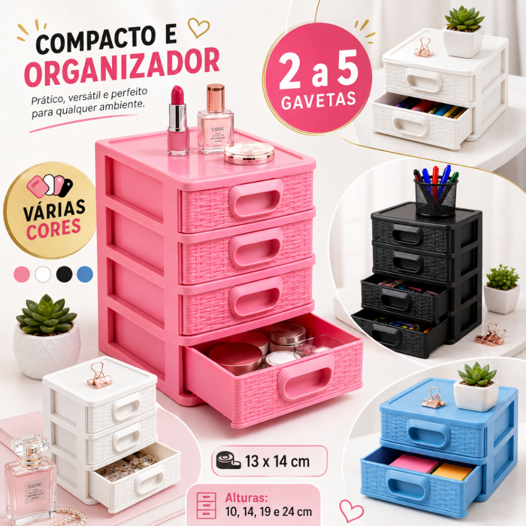 Gaveteiro Organizador de Mesa 3 Gavetas  Porta Joias, Costura, Escritório e Acessórios
