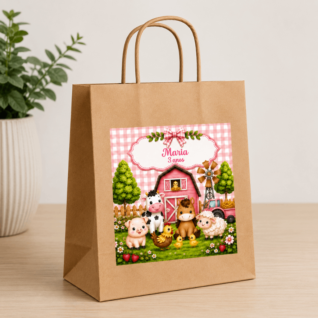 Adesivo Personalizado para Sacolinha Kraft 10x10 cm | Fazendinha Rosa | Festa Infantil | Lembrancinha