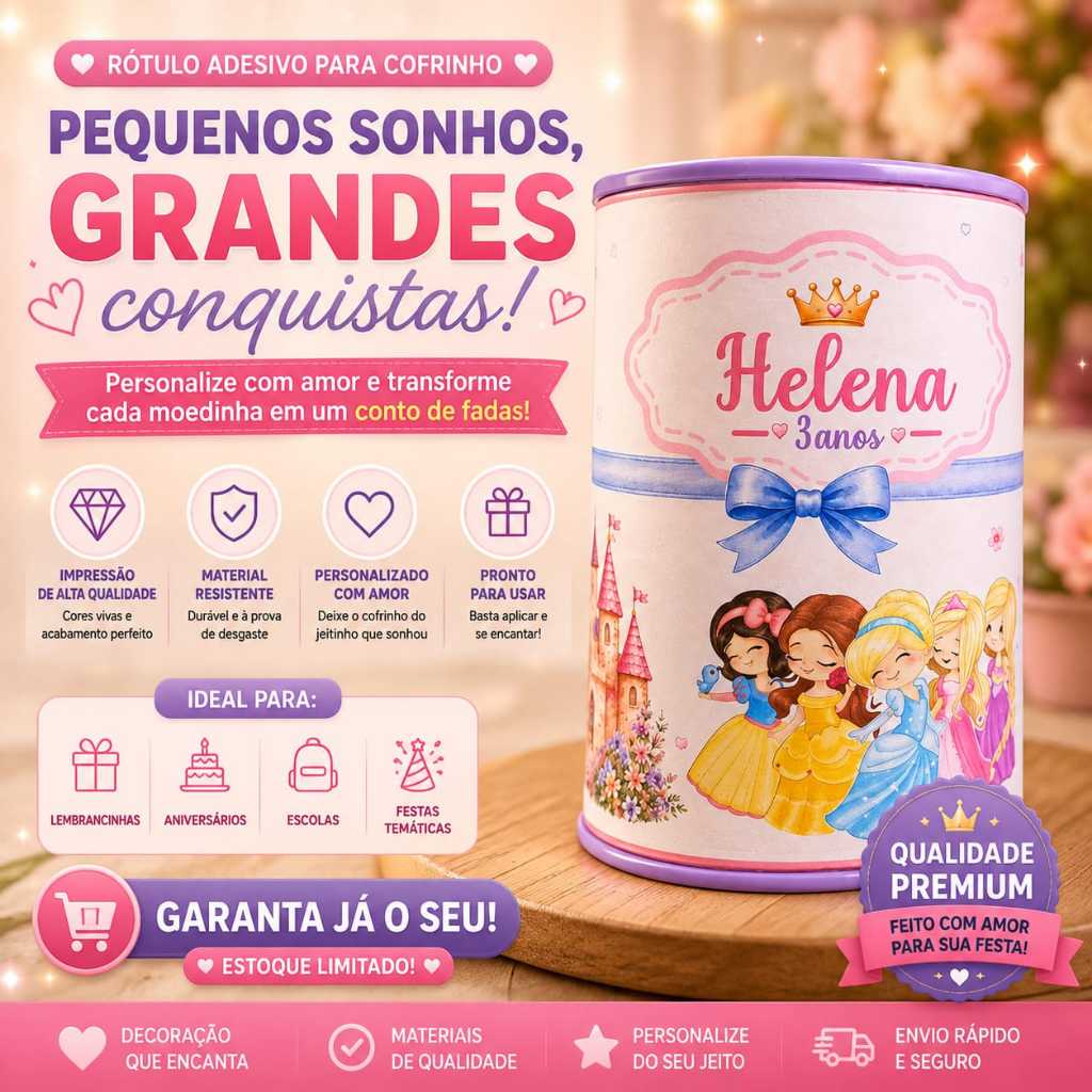 Rótulo Adesivo Princesas para Cofrinho Personalizado com Nome e Idade | Lembrancinha Festa Infantil