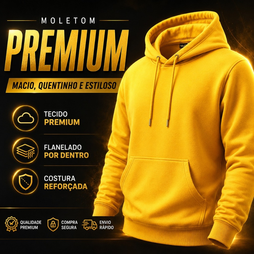 Moletom Canguru Premium Grosso Flanelado Quentinho Inverno Unissex com Capuz Amarelo, Confortavel e Estiloso Copa