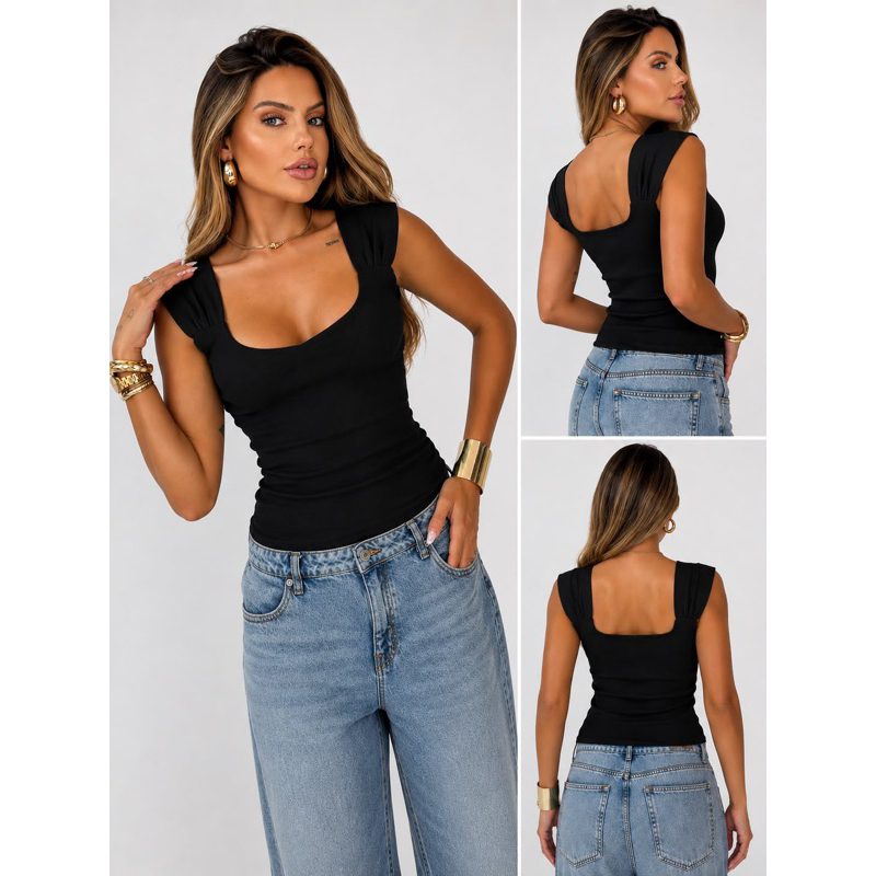 Blusa Feminina Canelada Regata com Alças Largas Franzidas Decote Quadrado Justa ao Corpo Básica Elegante Moda Feminina