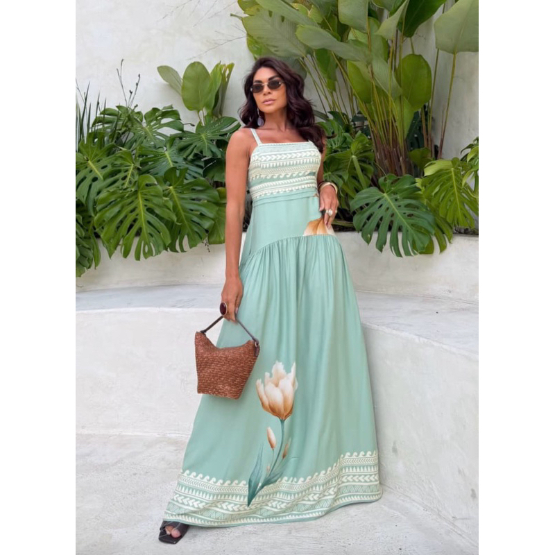Vestido Longo Feminino Floral Elegante Alcinha Verão Soltinho Estampado Casual Praia