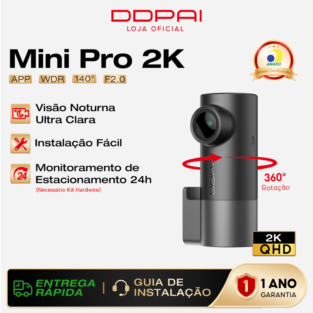Câmera Veicular 2K DDPAI Mini Pro Lente Rotativa 360° Supercapacitor e Monitoram